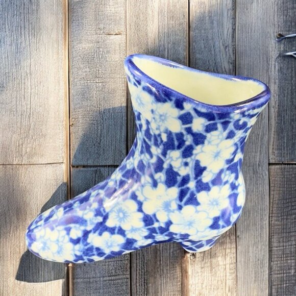 Vintage Victorian Era Inspired Ceramic Boot Shoe Planter Small Vase Floral Blue - Picture 3 of 13